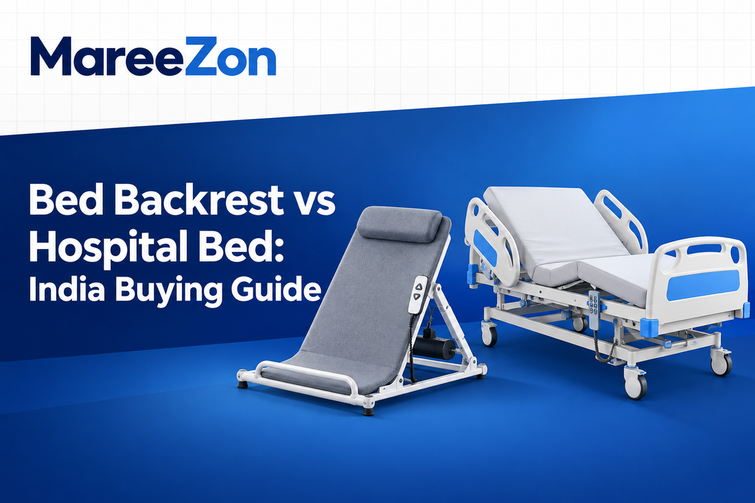Bed backrest beside a home hospital bed for an India buying guide