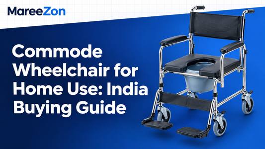 Wheeled commode chair with seat opening and collection bucket on a MareeZon India buying-guide cover