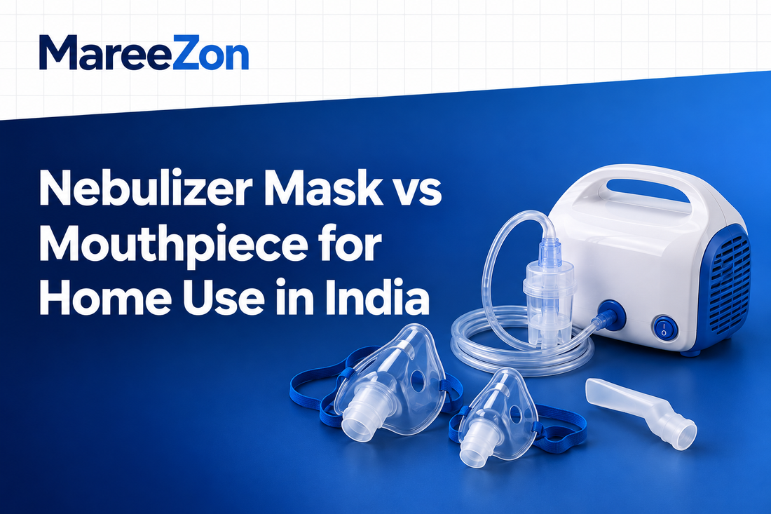 MareeZon cover showing a compressor nebulizer with adult and child masks and a mouthpiece