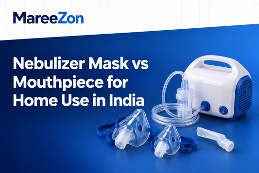 MareeZon cover showing a compressor nebulizer with adult and child masks and a mouthpiece