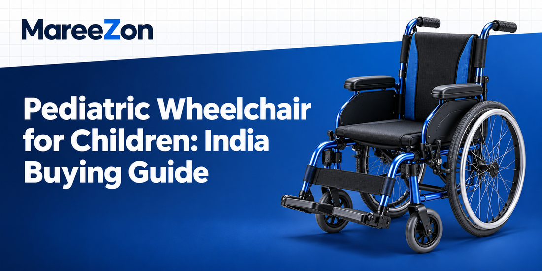 Pediatric manual wheelchair beside the title Pediatric Wheelchair for Children: India Buying Guide