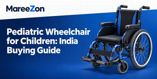 Pediatric manual wheelchair beside the title Pediatric Wheelchair for Children: India Buying Guide