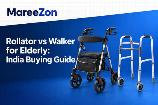 Four-wheel rollator with seat beside a front-wheeled walker for elderly users in India