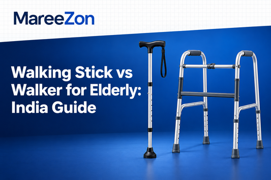 Walking stick and foldable walker beside the title Walking Stick vs Walker for Elderly: India Guide