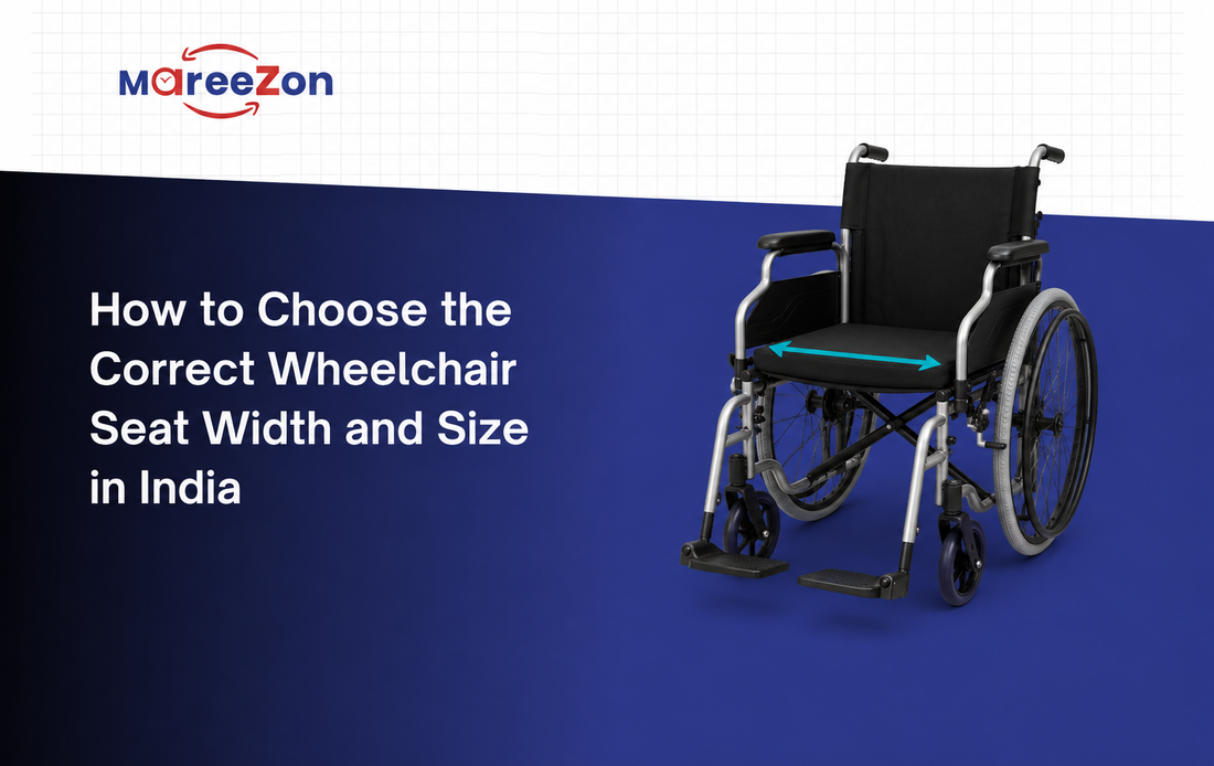 Manual wheelchair with seat-width measurement guide for choosing the correct wheelchair size in India