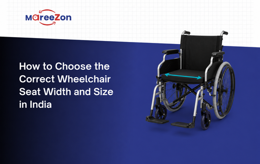 Manual wheelchair with seat-width measurement guide for choosing the correct wheelchair size in India