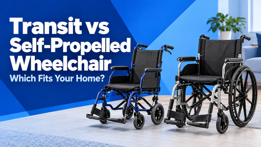Transit wheelchair with small rear wheels beside a self-propelled wheelchair with large hand rims