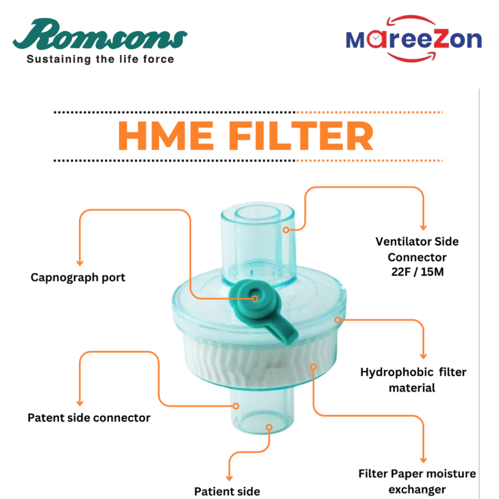 Romsons Disposable HME Filter (SH-2095) – Heat & Moisture Exchanger | Sterile | Single-Use