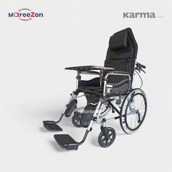 Karma Ryder 8 MWC-CR Reclining Commode Wheelchair - A reclining wheelchair with a built-in commode for convenience.